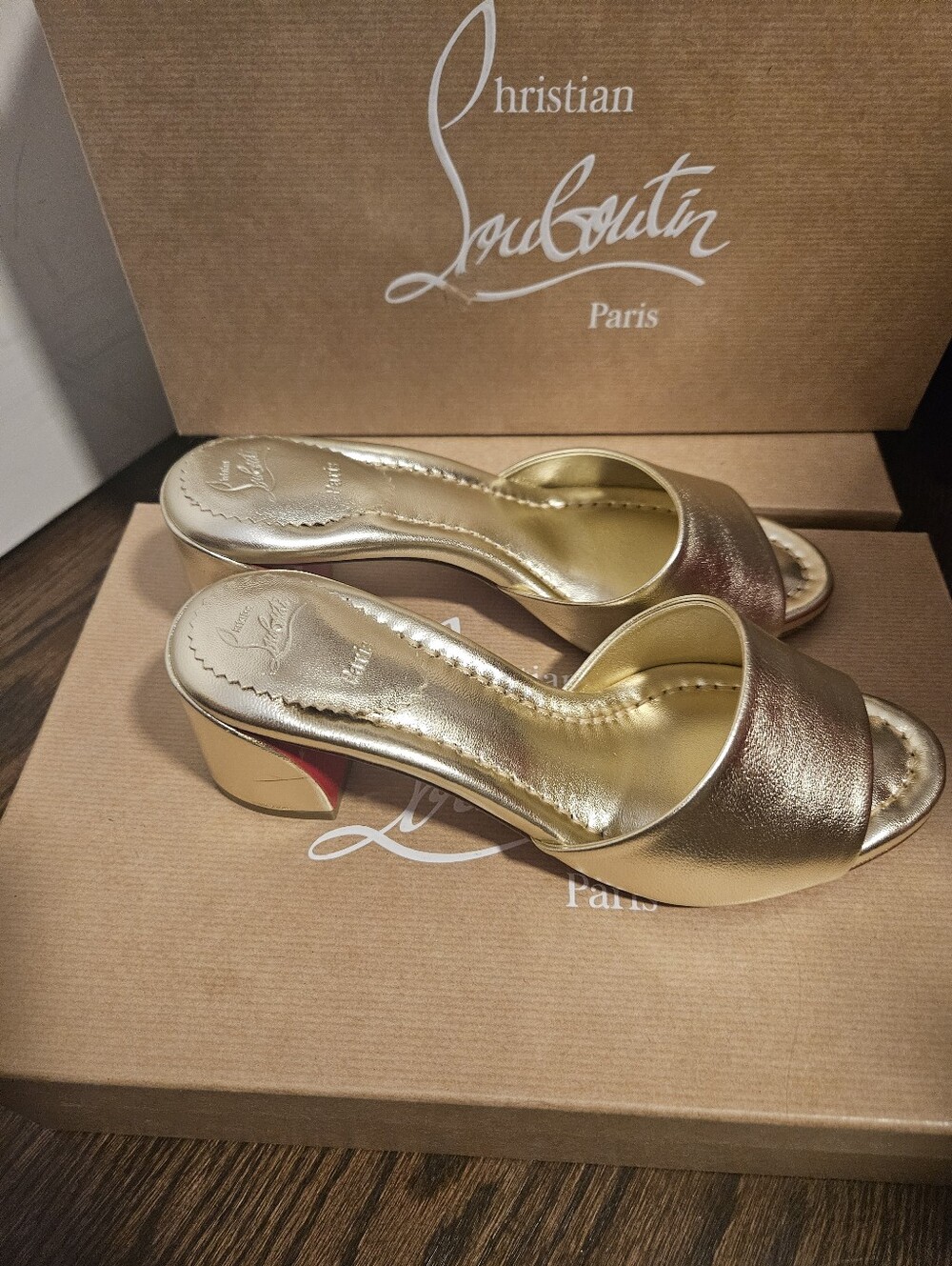 Christian Louboutin Jane Mule 55 Platine Gold Leather Backless Sandal Heel